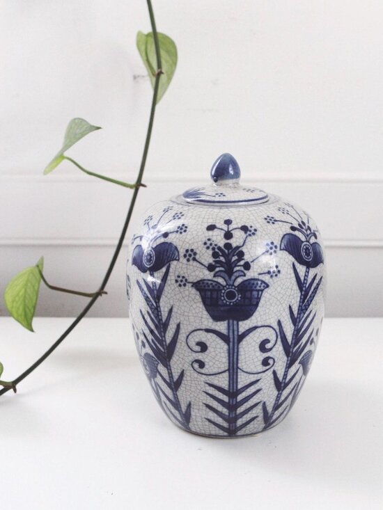 Other - Vintage Ginger Jar, Temple Jar Chinese Chinoiserie Floral Blue White Porcelain